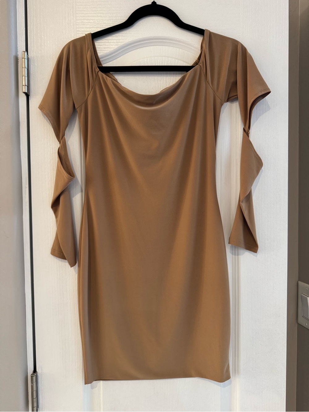 Fashion Nova Tan Cut-Out Sleeve Mini Dress